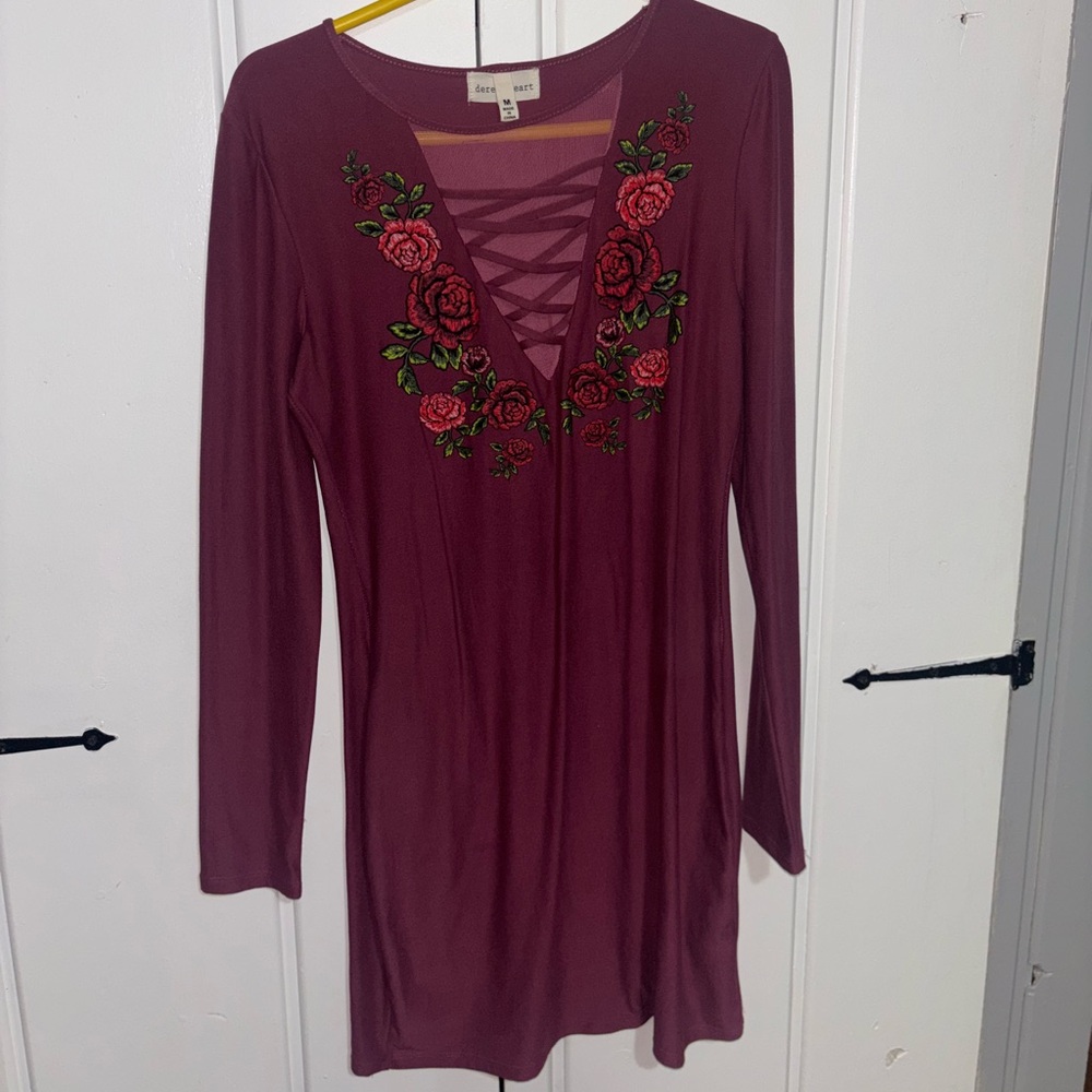 Floral Embroidered Burgundy Dress
